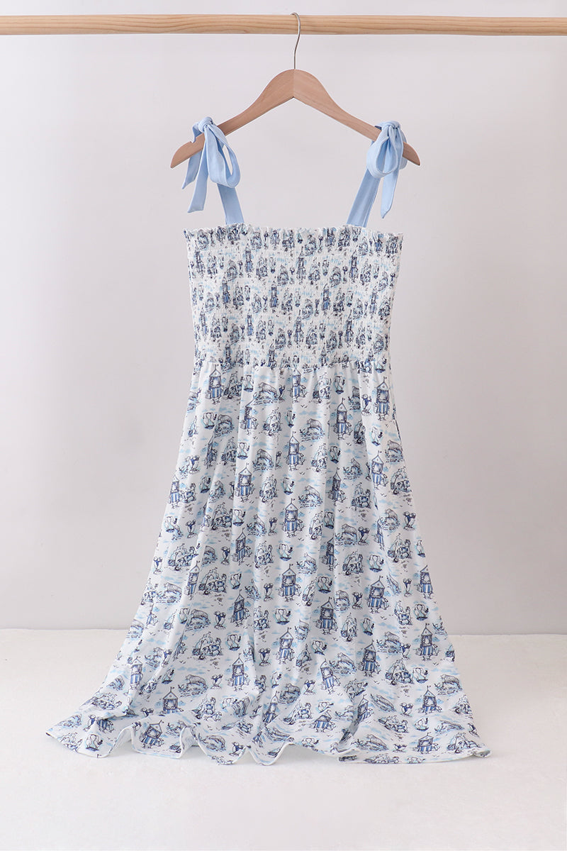 women smocked dress Blue Beach Smocked Women Dress