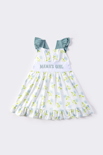 Teal floral dress with "MAMA'S GIRL" embroidery, perfect for playful outings.