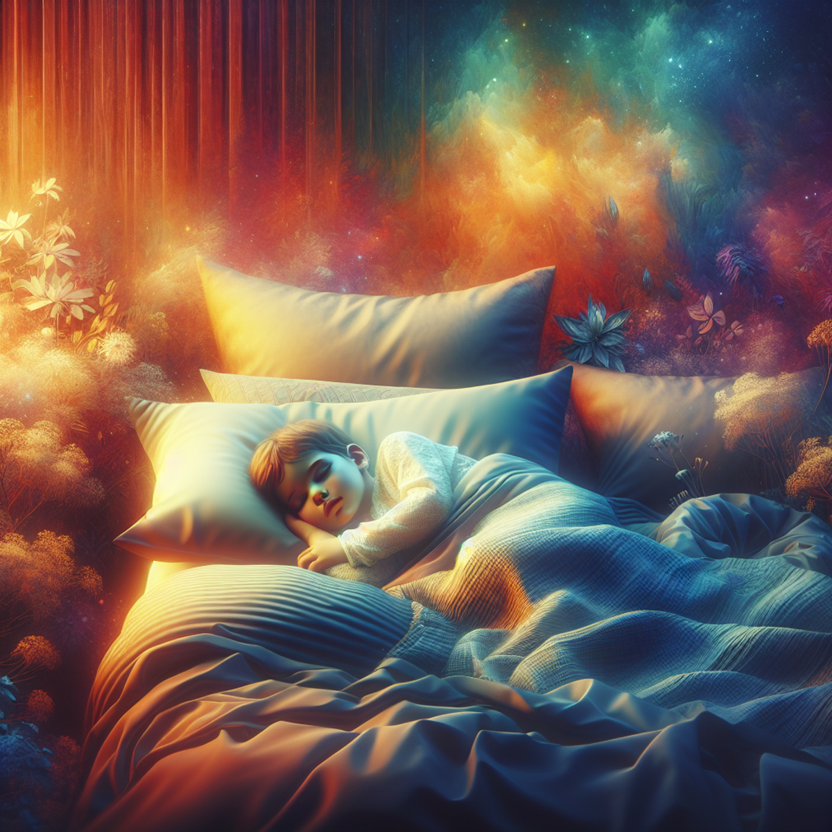 A young child peacefully sleeping in a big bed surrounded by soft pillows and blankets.