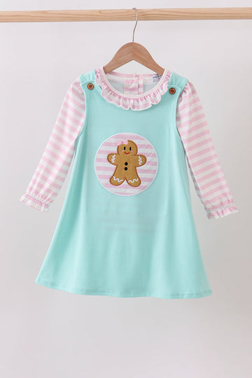 Blue gingerbread applique ruffle dress