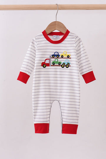 Red car embroidery stripe romper