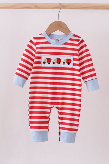 Red stripe construction embroidery romper