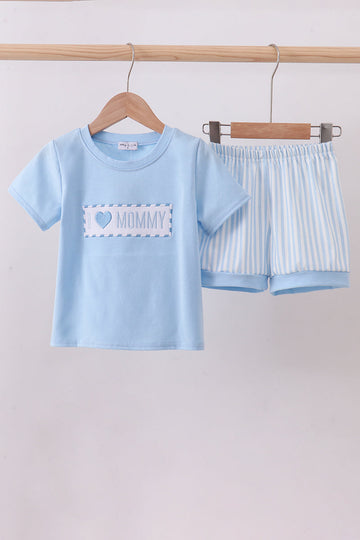 Blue I love MAMA smocked shorts set