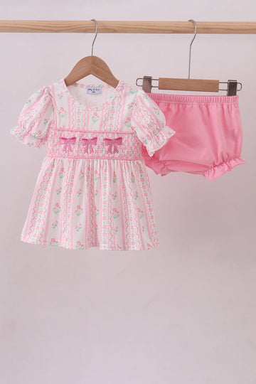Pink floral bow smocked bloomer set