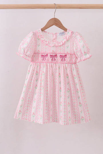Pink floral bow smocked dress