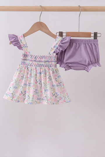 Purple floral smocked ruffle bloomer set
