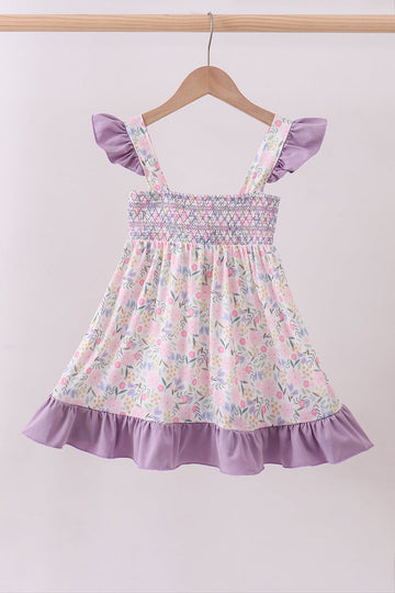 Purple floral smocked ruffle dress