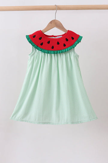 Green watermelon seersucker smocked ruffle dress