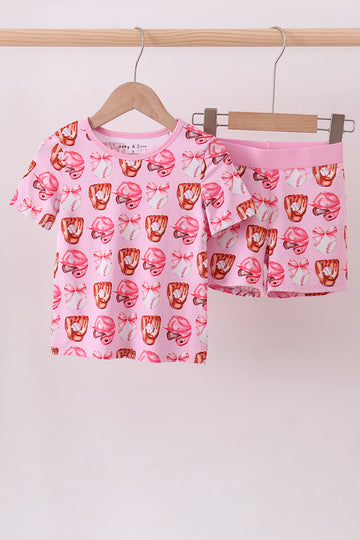 Pink bow baseball bamboo pajama set