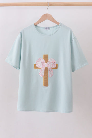 Blue bowknot cross applique top
