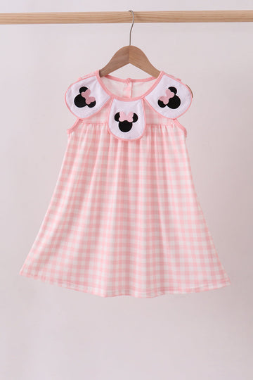 Pink character embroidery gingham dress