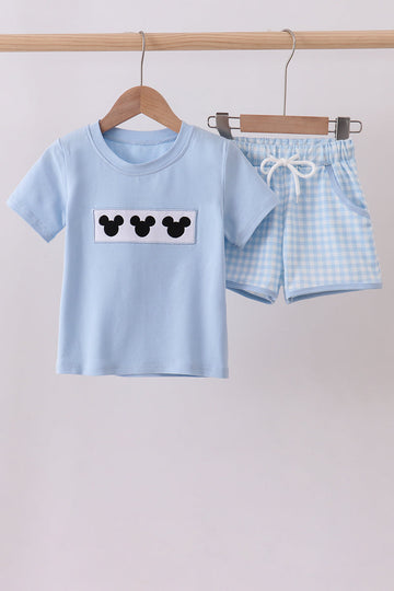 Blue character embroidery gingham shorts set
