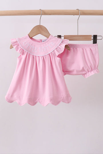 Pink litter sister embroidery ruffle bloomer set