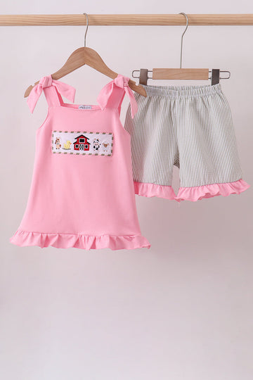 Pink seersucker farm animals embroidery ruffle shorts set