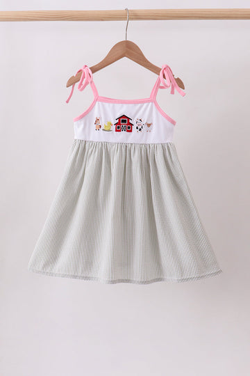 Pink seersucker farm animals embroidery ruffle dress