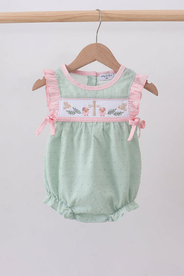 Green swiss dot cross sheep ruffle bubble