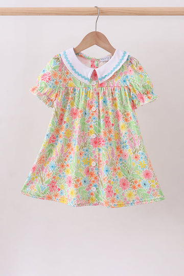 Pink floral print puff sleeve ruffle dress