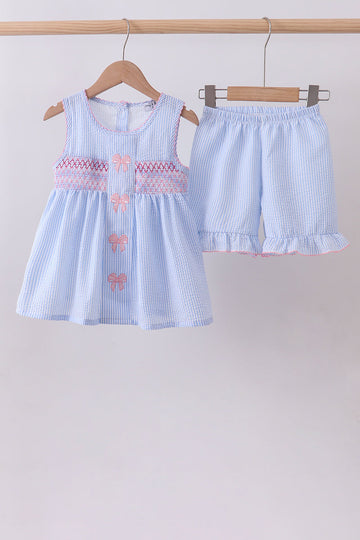 Blue seersucker bow smocked ruffle shorts set