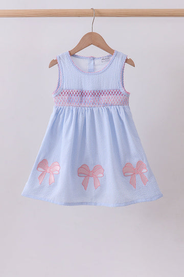 Blue seersucker bow smocked dress