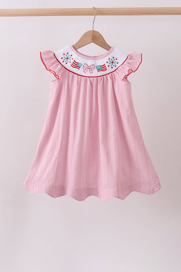 Pink fireworks flag smocked jacquard scalloped ruffle dress