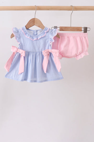 Blue Stripe Bow Seersucker Bloomer Set