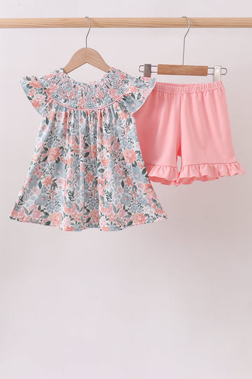 Pink Floral Smocked Set