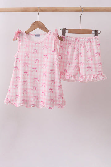 Pink bow print scalloped ruffle shorts set