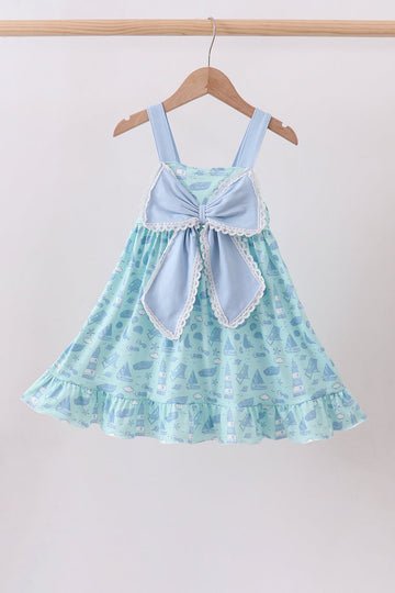 Blue beach print bow ruffle dress