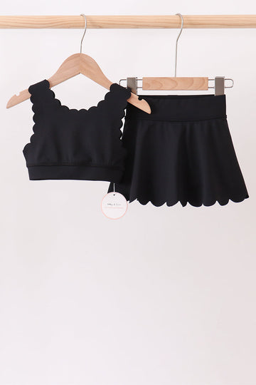 Black Scalloped Yoga Skorts Set