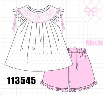 Pink Bow Smocked Swiss Dot Shorts Set