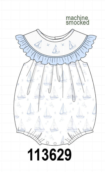 Blue Sailboat Smocked Ruffle Bubble
