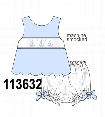 Blue Sailboat Smocked Scalloped Bloomer Set