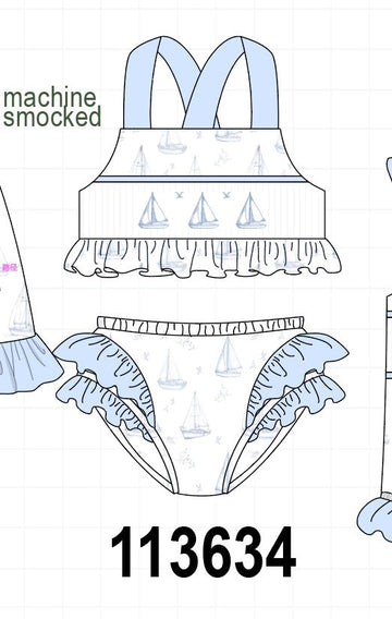 Blue Sailboat Smocked 2PC Swimsuit
