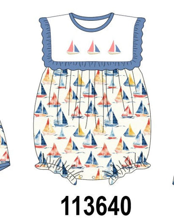 Blue Sailboat Embroidered Ruffle Bubble