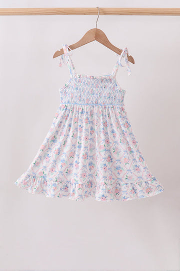 Blue Floral Smocked Ruffle Dress