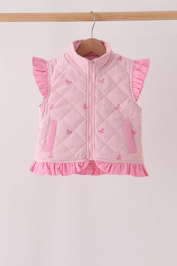 Pink corduroy bow embroidery ruffle vest