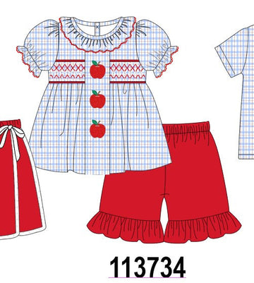 Blue Apple Embroidered Plaid Ruffle Shorts Set