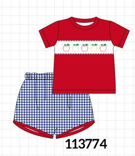 Red Apple Embroidered Gingham Shorts Set