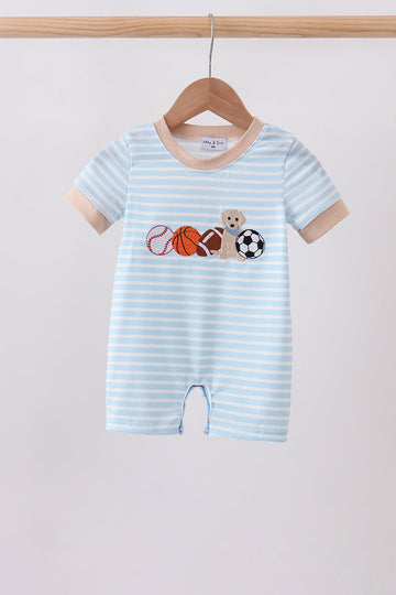Blue Puppy Ball Embroidered Stripe Romper