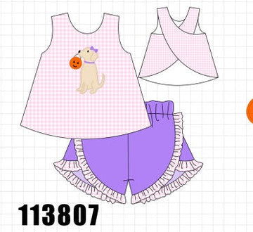 Pink Puppy Pumpkin Applique Ruffle Shorts Set