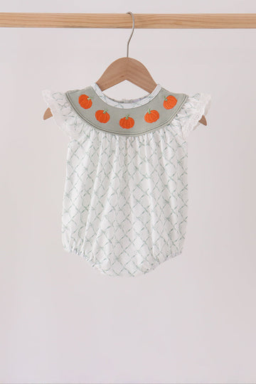 Sage pumpkin embroidery bow ruffle bubble