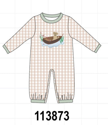 Khaki Puppy Fishing Gingham Romper