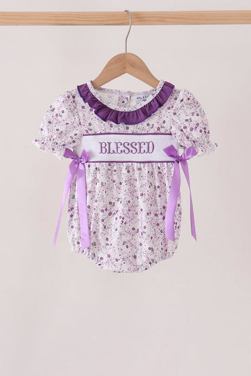 Purple floral blessed smocked ruffle bubble