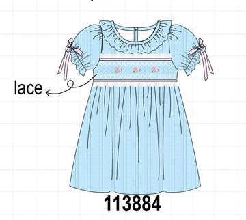 Blue Floral Smocked Lace Ruffle Dress