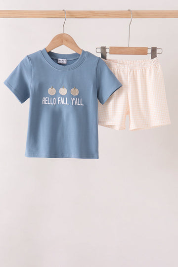 Blue Hallo Fall Y'ALL Pumpkin Shorts Set