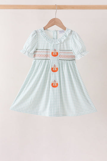 Sage pumpkin smocked gingham dress