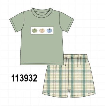 Green Pumpkin Embroidery Plaid Shorts Set