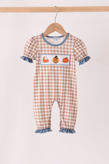 Brown turkey pumpkin embroidery gingham ruffle romper