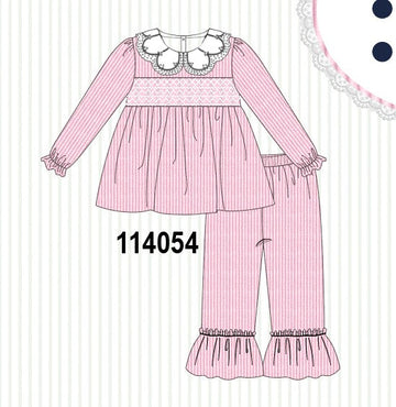 Pink corduroy lace smocked ruffle pants set