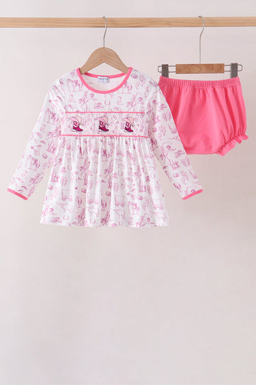 Pink Cowboy boots Smocked Bloomer Set